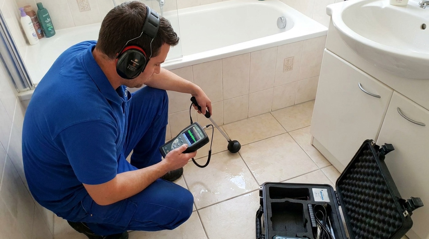 Elektroakustische Leckortung im Badezimmer – Techniker hört das Leck mit dem Bodenmikrofon durch die Fliesen